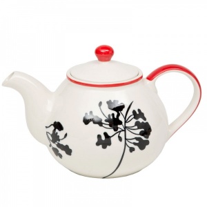 White Floral Ceramic Teapot With Red Accents